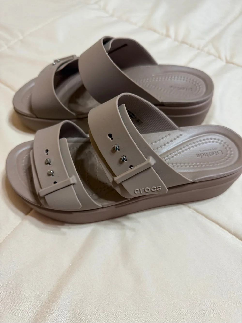 Crocs Double Strap Slide Sandals in Taupe